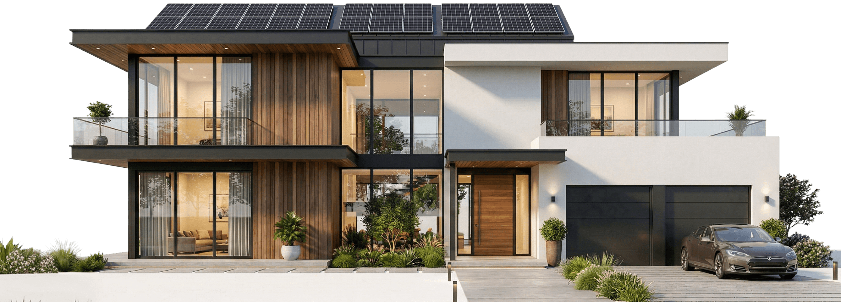 Modern house with solar panels, large windows, and a parked car.