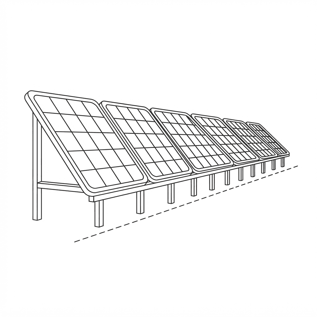 Wind turbine, house with solar panels, person on scooter