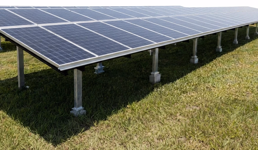 Solar panels on a grassy field under a clear sky.